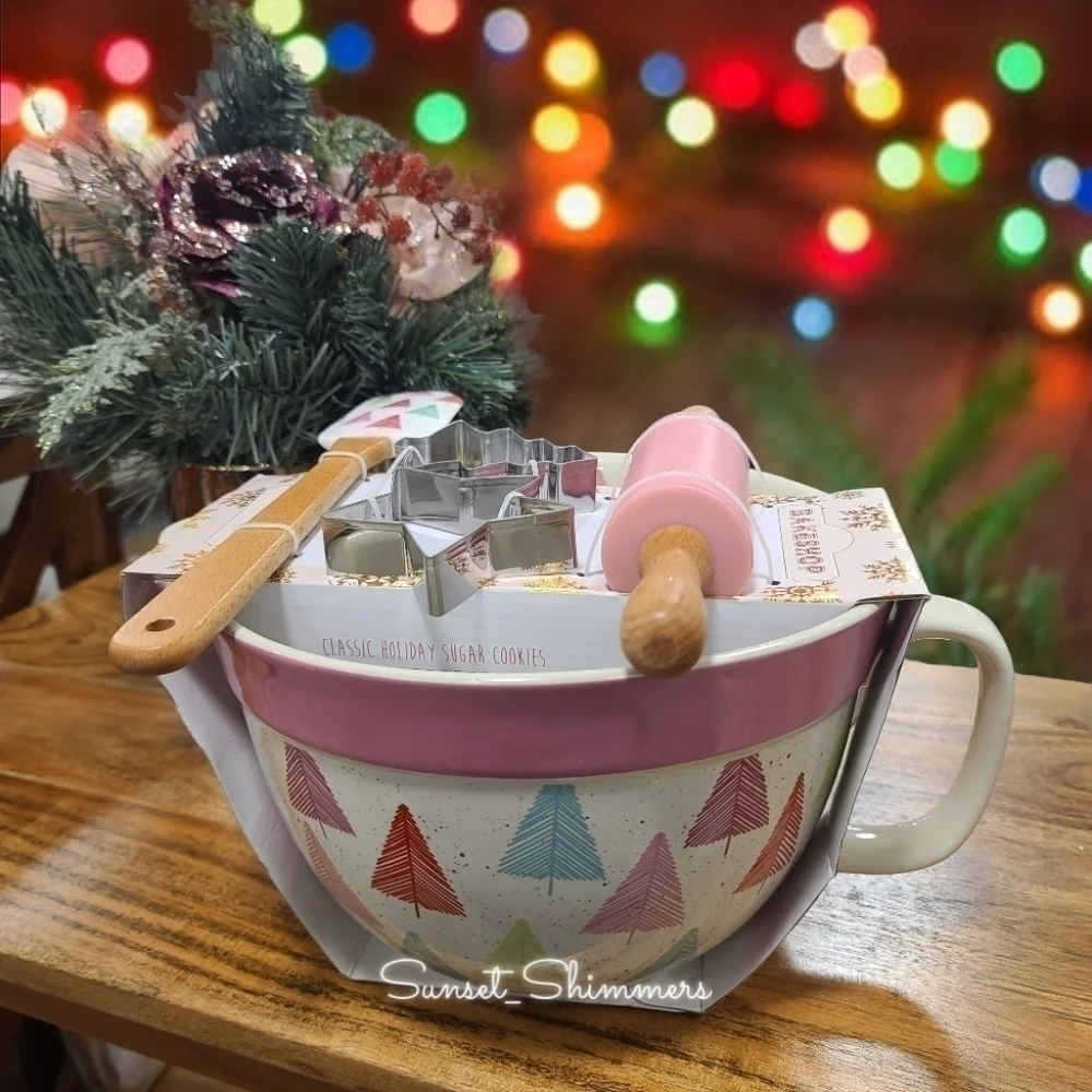 5pc Pastel Christmas Tree Handle Mixing Bowl Spatula Cookie cutters Rolling Pin
